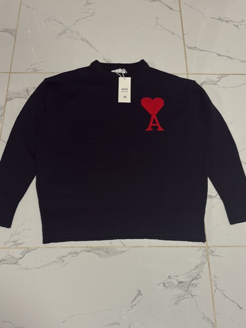 Ami Black Crewneck Sweater with Red Heart 'A' Motif